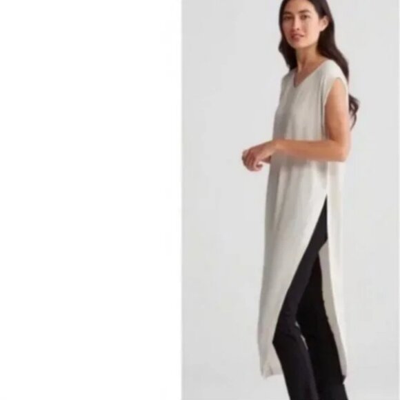 Eileen Fisher Dress Kaftan Tunic Black Viscose High Side Slits Size Medium NWT - Picture 2 of 10